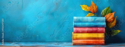 Stack of Colorful Books with Autumn Leaves