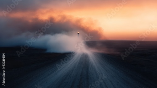 A distant lighthouse looms through thick fog on a deserted road during sunset, creating a haunting yet captivating scene that evokes feelings of solitude and contemplation.