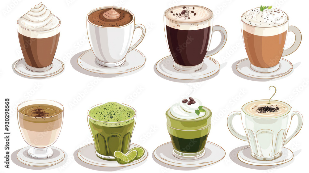 Diverse collection of coffee and tea beverages: mocha, green tea, hot chocolate, black coffee, matcha, cappuccino, and flat white