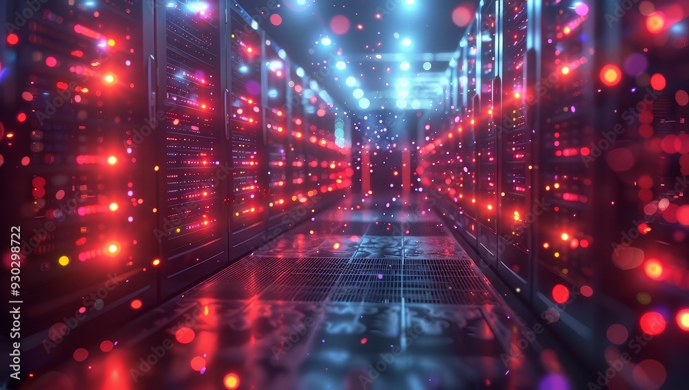 A closeup of an abstract data center with glowing red and blue lights, surrounded by rows of server racks, creating a futuristic digital landscape. 