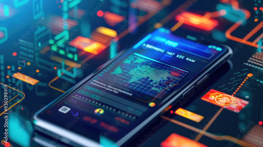 Digital banking concept with a smartphone showing a banking app and virtual transactions, representing modern financial services Digital banking concept with a smartphone showing a banking app and virtual transactions, representing modern financial services