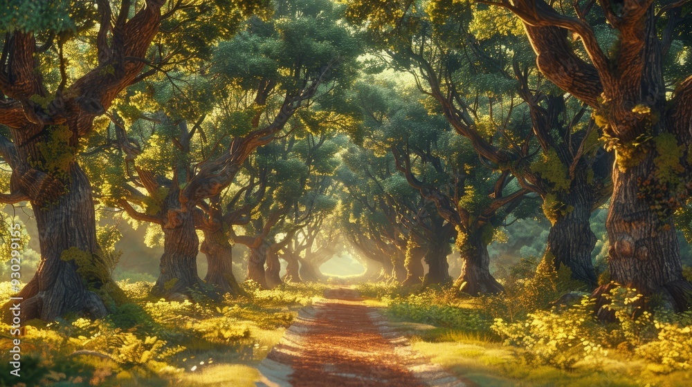 Sunlit forest path with ancient trees and lush greenery during golden hour Sunlit forest path with ancient trees and lush greenery during golden hour