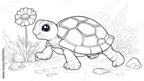 A black and white line drawing of a cute cartoon turtle. photo