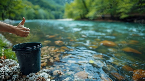 A person giving a thumbs up while holding a recycling bin, standing next to a riverbank with lush greenery and clean water, promoting environmental conservation, photo