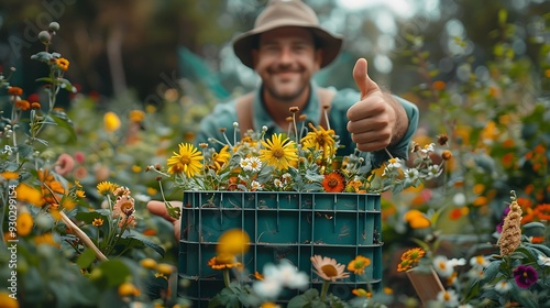 A person holding a green recycling bin and giving a thumbs up in a community garden, with colorful flowers and plants surrounding them, captured in crisp detail with soft, natural lighting. photo