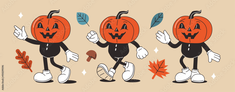 Naklejka premium Retro Halloween character set. Cartoon comic groovy pumpkin collection. Vintage holiday season. Vector illustration. 