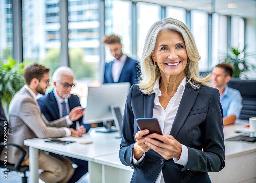 A confident, smiling mature executive stands in a busy office, gazing away from her phone, exuding professionalism and authority while multitasking with ease. A confident, smiling mature executive stands in a busy office, gazing away from her phone, exuding professionalism and authority while multitasking with ease.