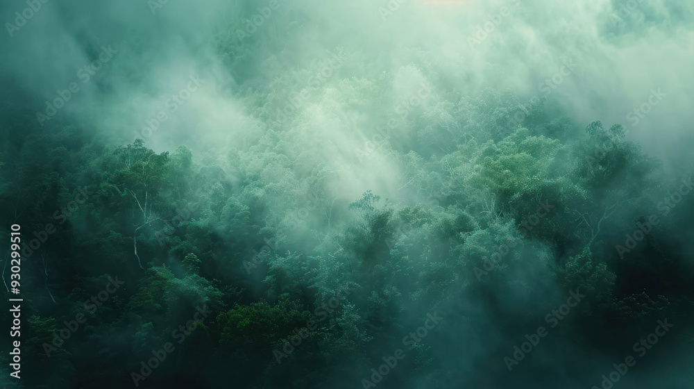 Dense fog rolling over a serene forest, creating a mystical and peaceful atmosphere Dense fog rolling over a serene forest, creating a mystical and peaceful atmosphere