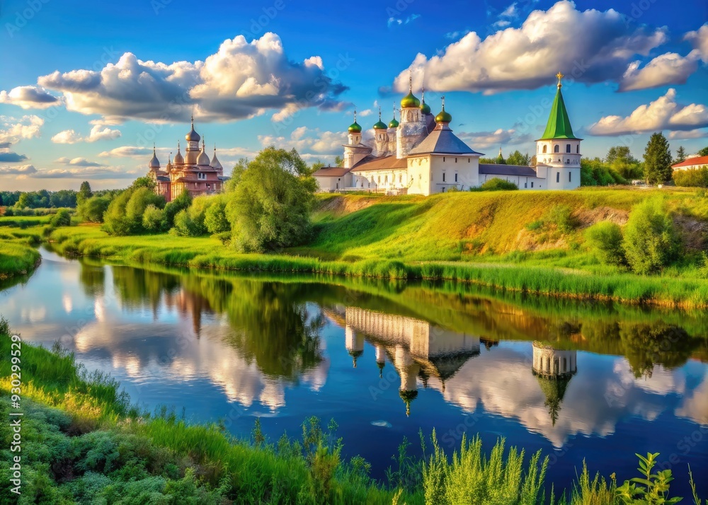 Serene summer panorama of the majestic Spaso-Evfimiev Monastery in Suzdal, Russia, nestled along the tranquil Kamenka River, exuding historic charm and natural beauty. Serene summer panorama of the majestic Spaso-Evfimiev Monastery in Suzdal, Russia, nestled along the tranquil Kamenka River, exuding historic charm and natural beauty.