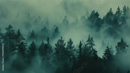 Dense fog rolling over a serene forest, creating a mystical and peaceful atmosphere