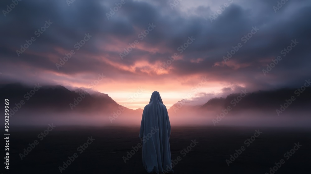 A cloaked figure stands alone in a mist-covered landscape at sunrise, creating a scene filled with peace, mystery, and the beauty of nature greeting a new day. A cloaked figure stands alone in a mist-covered landscape at sunrise, creating a scene filled with peace, mystery, and the beauty of nature greeting a new day.