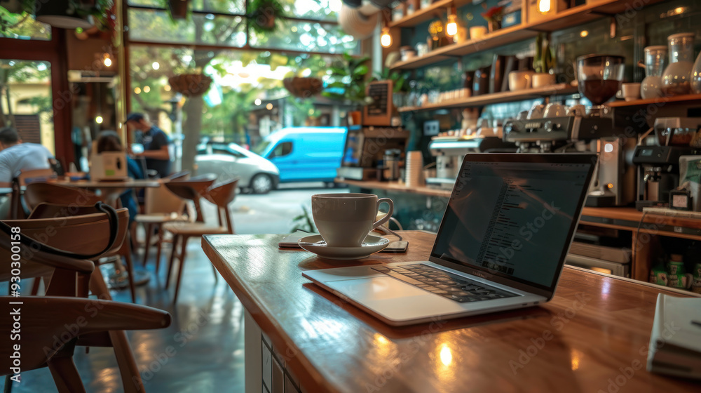 Cozy workplace setup on a counter bar in a cafe, with a laptop, coffee, and notebook, perfect for productivity and relaxation Cozy workplace setup on a counter bar in a cafe, with a laptop, coffee, and notebook, perfect for productivity and relaxation