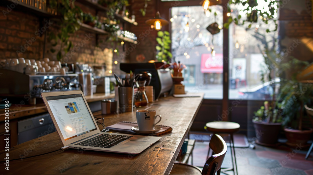 Cozy workplace setup on a counter bar in a cafe, with a laptop, coffee, and notebook, perfect for productivity and relaxation Cozy workplace setup on a counter bar in a cafe, with a laptop, coffee, and notebook, perfect for productivity and relaxation