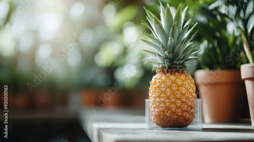 A vibrant pineapple sits in a clear pot amid various potted plants inside, capturing the essence of indoor gardening and a nature-inspired living space. photo