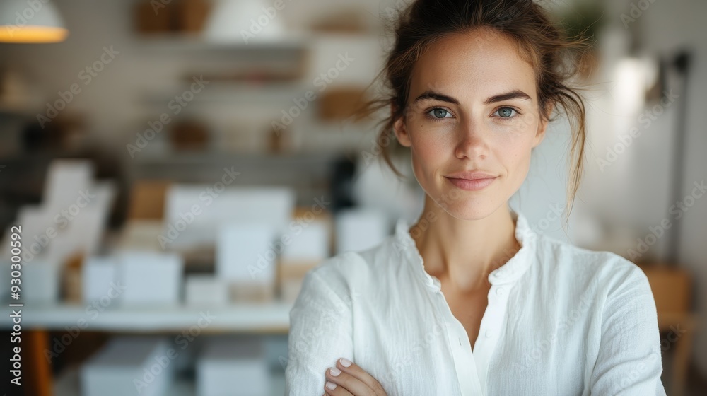A confident woman with tied-back hair stands in a cozy environment, dressed in a white blouse. She appears calm and collected, showcasing a poised demeanor.