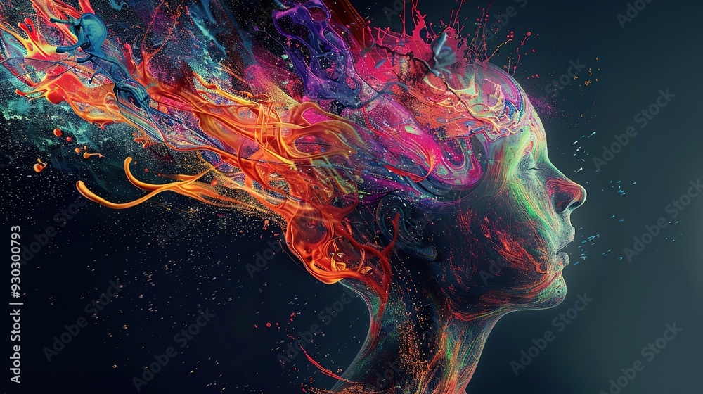 A vibrant, abstract representation of a human head with colorful, flowing elements symbolizing creativity. A vibrant, abstract representation of a human head with colorful, flowing elements symbolizing creativity.