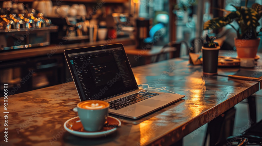 Comfortable work setup on a cafe counter bar, with a laptop, coffee cup, and minimalistic decor, creating an inviting environment Comfortable work setup on a cafe counter bar, with a laptop, coffee cup, and minimalistic decor, creating an inviting environment