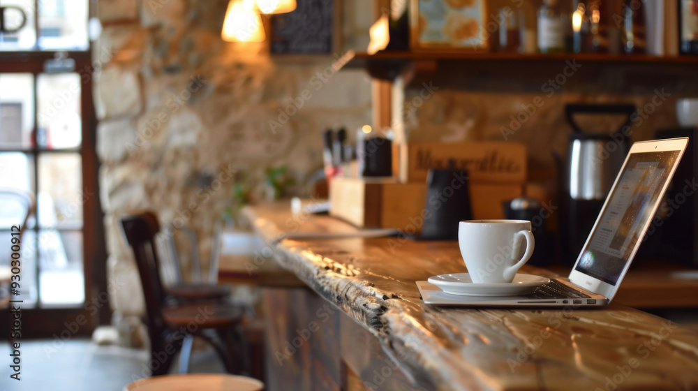 Comfortable work setup on a cafe counter bar, with a laptop, coffee cup, and minimalistic decor, creating an inviting environment Comfortable work setup on a cafe counter bar, with a laptop, coffee cup, and minimalistic decor, creating an inviting environment