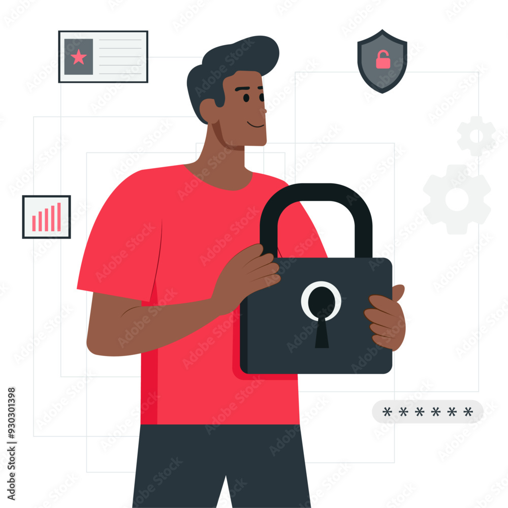 A character holding a padlock showing the concept of security and privacy