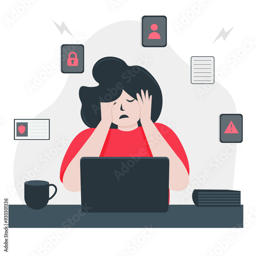 Worried women about her data being stolen online, Internet privacy and data security stressed person vector