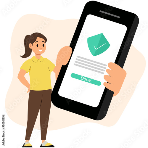 A Character holding a phone with the screen displaying safety and security-related content to show cyber security