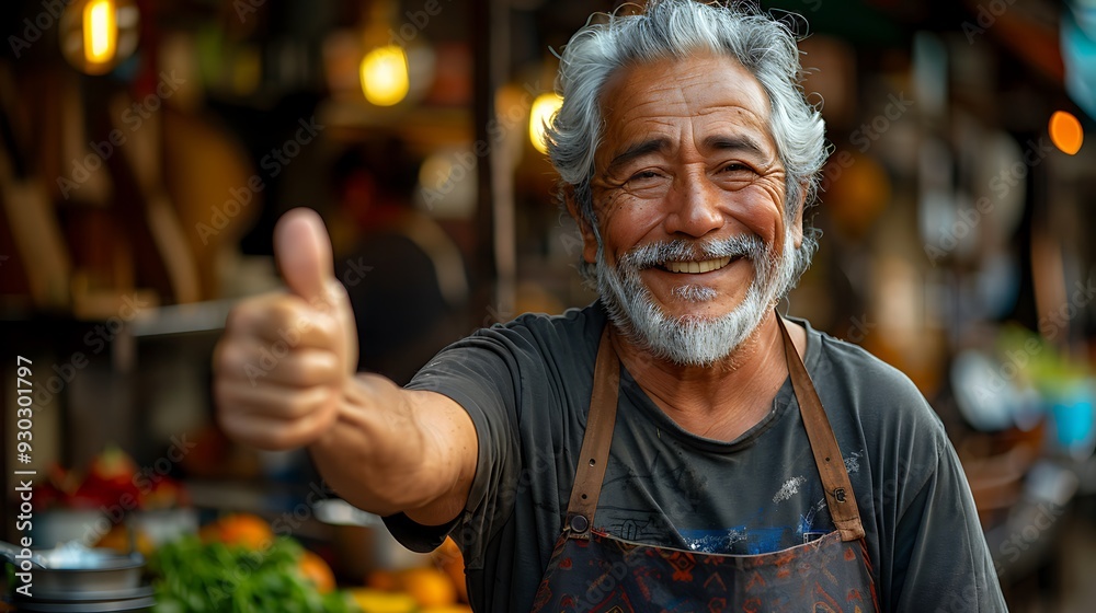 A smiling restaurant owner giving a thumbs up outside their establishment, with the restaurant's name on a sign and a glimpse of the interior through the windows, A smiling restaurant owner giving a thumbs up outside their establishment, with the restaurant's name on a sign and a glimpse of the interior through the windows,