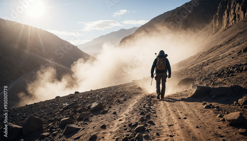 Desert Enigmas in Foggy Winter: The Explorer's Trek Overwhelmed in Landslide photo