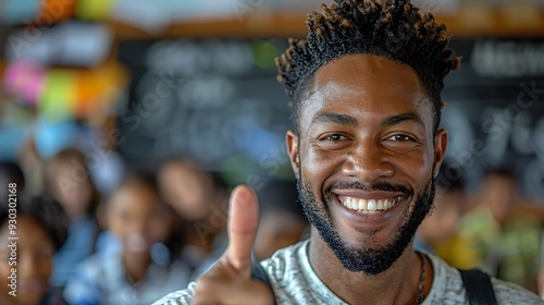 A smiling teacher giving a thumbs up in a classroom, pointing to a chalkboard with the day's lesson plan, with students engaged in learning activities in the background, photo