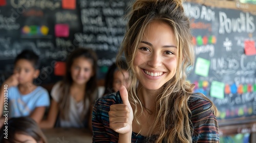 A smiling teacher giving a thumbs up while pointing to a chalkboard filled with colorful writing and illustrations, surrounded by engaged students, captured in vivid detail with bright, even lighting. photo