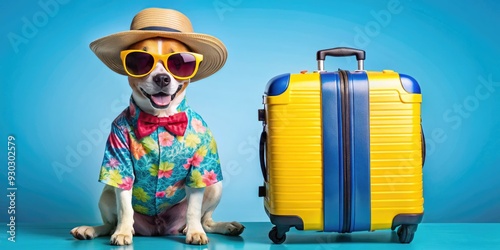 A cool canine tourist, sporting trendy sunglasses and summer attire, stands proudly beside a colorful suitcase, ready for a fun-filled beach vacation getaway. photo