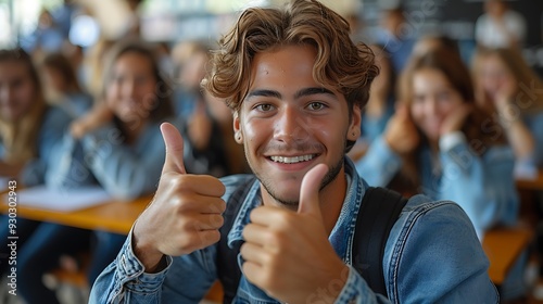 A student giving a thumbs up in a classroom, holding a certificate of achievement, with other students and a teacher in the background, celebrating success, captured in sharp focus with bright, photo