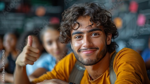 A student giving a thumbs up in a classroom, holding a certificate with a big smile, with a chalkboard, books, and classmates in the background, symbolizing academic achievement, photo