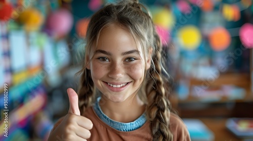 A student giving a thumbs up while proudly holding a certificate of excellence, standing in a classroom with colorful decorations and learning materials, captured in sharp focus with vibrant, photo