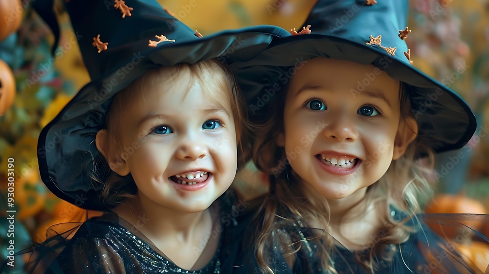Funny children sister twins girl in witch costume in Halloween. Laughing funny children sister twins girl in a witch costume on Halloween Funny children sister twins girl in witch costume in Halloween. Laughing funny children sister twins girl in a witch costume on Halloween