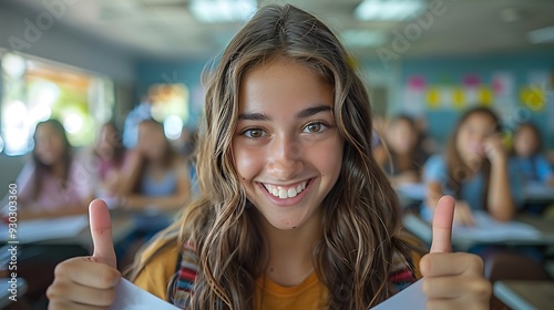 A student standing at the front of the classroom, giving a thumbs up while holding a high-scoring test paper, with desks and a teacher in the background, celebrating success, photo