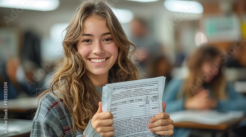 A student standing at the front of the classroom, giving a thumbs up while holding a high-scoring test paper, with desks and a teacher in the background, celebrating success, photo