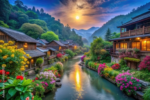 Serene morning atmosphere with vibrant flowers, lush plants, and colorful fruit amidst rustic houses, winding roads, and tranquil river, under a bright moonlit sky.