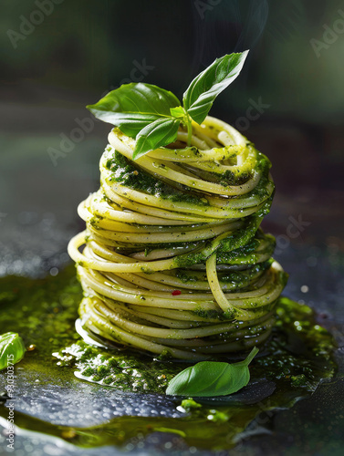 Close-up of spaghetti with pesto.