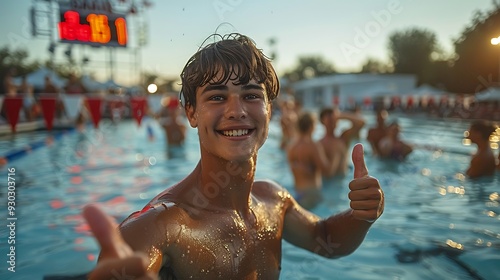 A swimmer giving a thumbs up on the pool deck after winning a race, with teammates congratulating them and the scoreboard showing the results, captured in crisp detail with bright, even lighting. photo