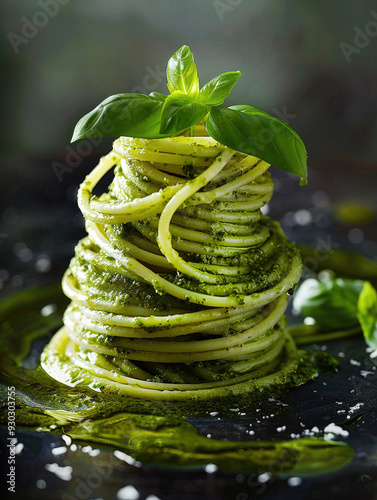 Close-up of spaghetti with pesto.