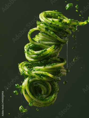 Close-up of spaghetti with pesto.