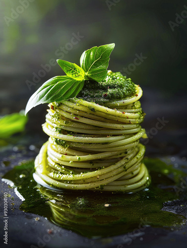 Close-up of spaghetti with pesto.