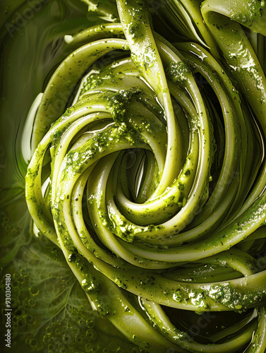 Close-up of spaghetti with pesto.