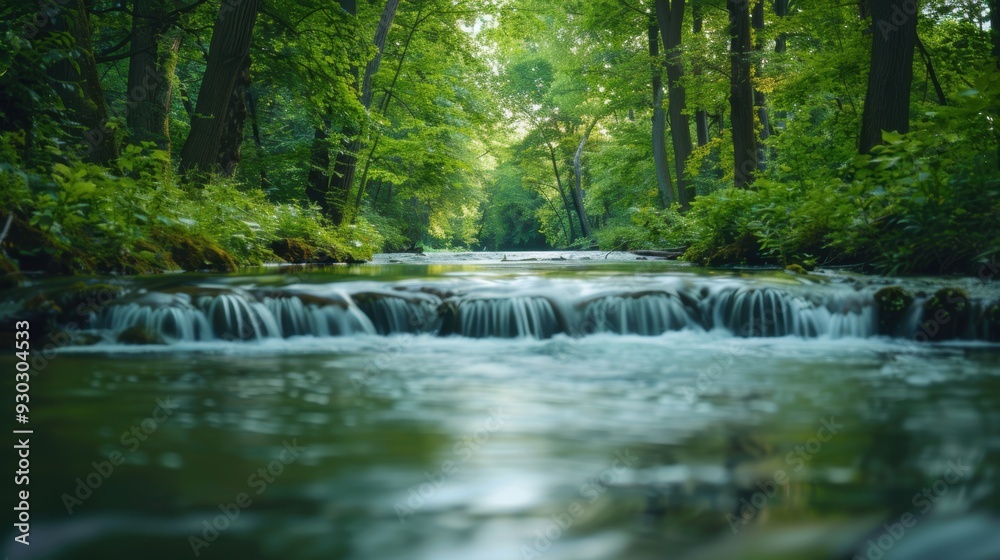 A serene forest stream with a gentle waterfall, surrounded by lush greenery, creating a tranquil and natural setting. A serene forest stream with a gentle waterfall, surrounded by lush greenery, creating a tranquil and natural setting.