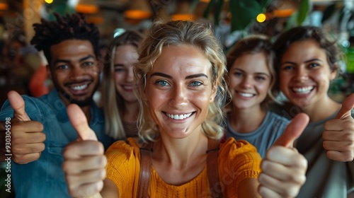 A team of coworkers from different backgrounds, standing together in a lively office space with colorful decor, all giving thumbs up and smiling, showcasing a moment of team achievement, photo