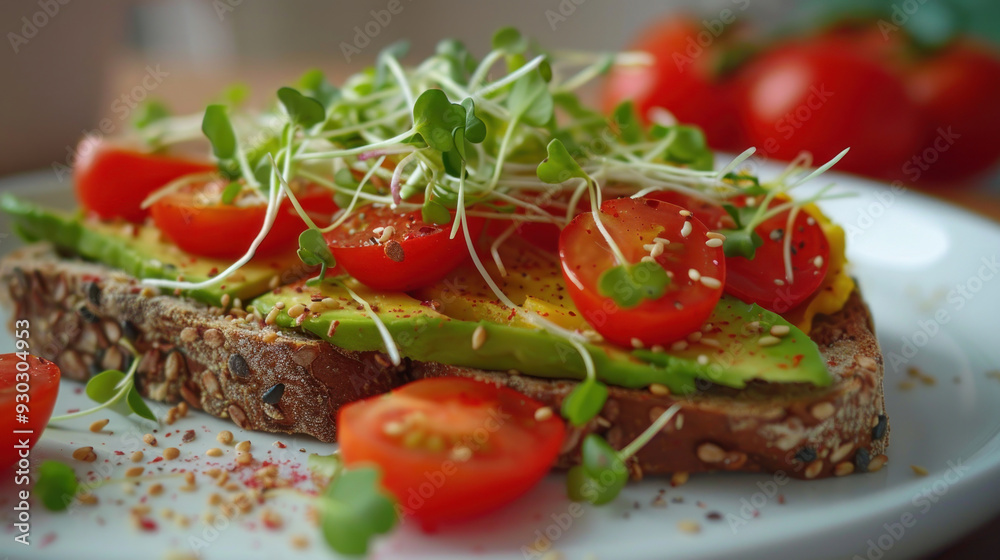 Delicious avocado toast topped with cherry tomatoes and sprouts on a white plate, promoting healthy eating Delicious avocado toast topped with cherry tomatoes and sprouts on a white plate, promoting healthy eating