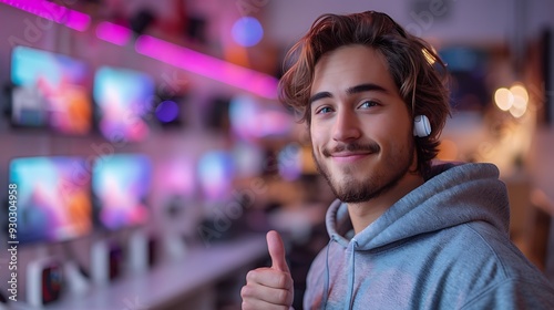 A tech enthusiast giving a thumbs up while unboxing the latest pair of wireless earbuds, with the earbuds and charging case displayed on a sleek desk setup, captured in sharp focus with bright, photo