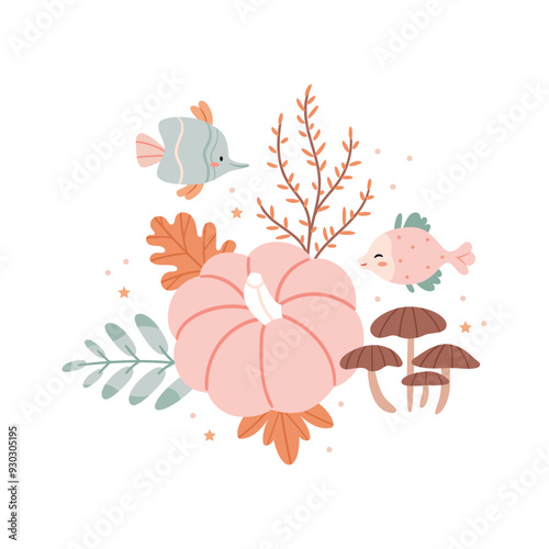 Autumn Composition of pumpkins and the underwater world. Surrealism. Cute autumn illustration in pastel colors.