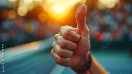 A tennis player giving a thumbs up on the court after winning a match, with the net and cheering crowd in the background, captured in high definition with bright, even lighting. --ar 16:9 --v 6.0 photo