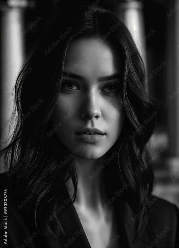 Photo of model women long dark  hair , black and white, realistic, portrait, not painted, very detailed faces, skin with pores, 4k, dark suit,  skin not smoothed,  looking into the camera, dark shirt.
